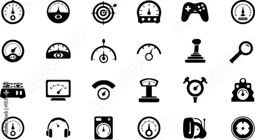 Airplane cockpit icons set. Set of simple black icons representing various instruments and controls found in an aircraft cockpit, ideal for aviation related projects