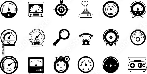 Airplane cockpit icons set. Set of simple black icons representing various instruments and controls found in an aircraft cockpit, ideal for aviation related projects