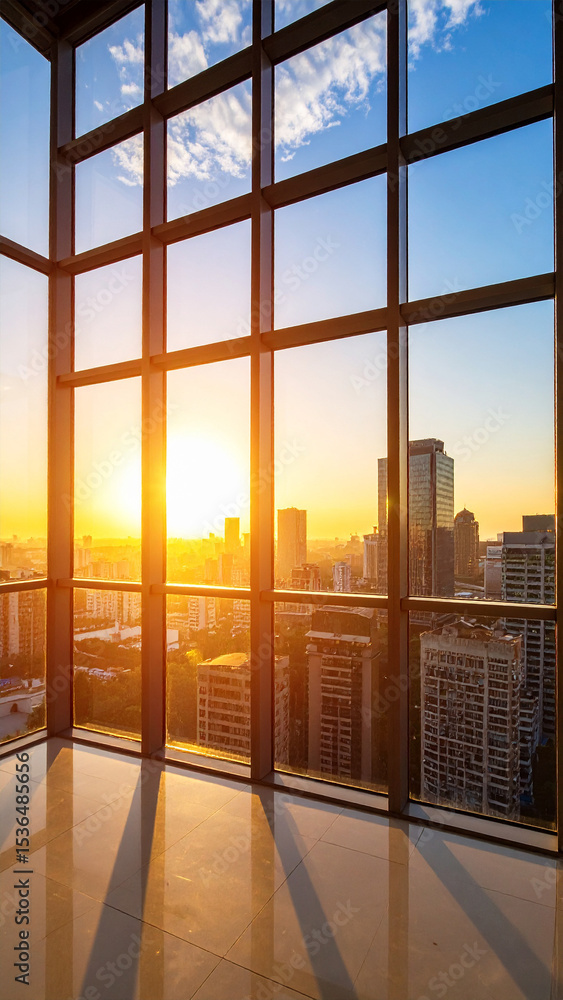 Fototapeta premium Cityscape Sunrise from Large Windows: a captivating shot of a stunning cityscape, with sun rising from between the glass, as a symbol of a new day