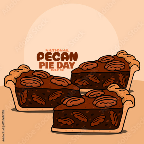 National Pecan Pie Day to celebrate on July 12th. Three slices of pie topped with pecans on beige background. Dessert event banner.