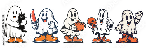 halloween ghost cartoon mascot character with expressive faces and gestures