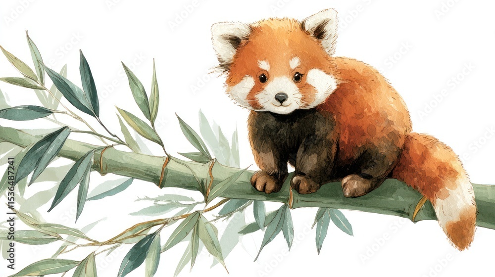 Obraz premium A chubby red panda sitting on a bamboo branch, watercolor style, pastel colors, soft shading, whimsical children's book illustration