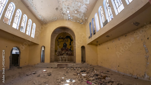Abandoned Church Interior with Mural of Jesus In Damascus Jobar district, Syria