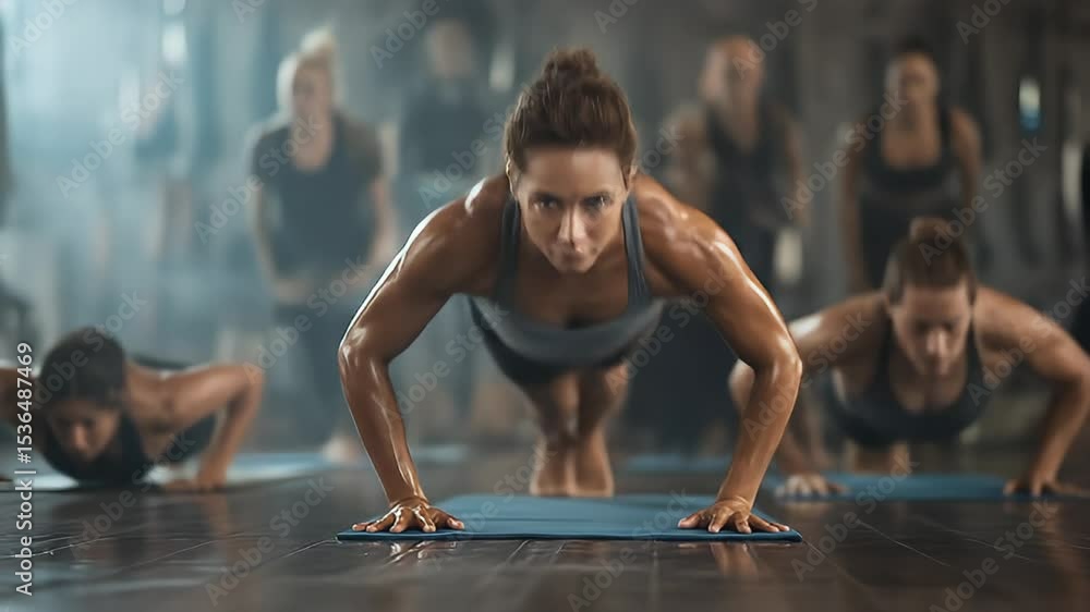 Intense hot yoga workout with determined woman in gym performing powerful poses