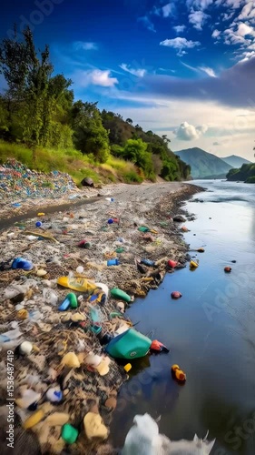Polluted riverbank with plastic waste, environmental degradation, mountain backdrop and blue skies depicting pollution concerns