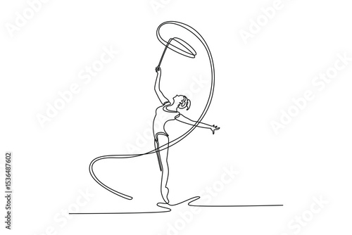 Continuous one line drawing gymnastics rhythmic woman dancer performance with ribbon. Creative skill and talent of concert event in practice arena. Single line draw design vector graphic illustration