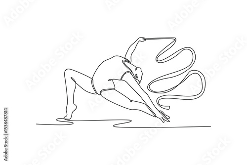 Continuous one line drawing female gymnast gracefully maneuvering ribbon, her artistic flair and precision in an enthralling gymnastics performance. Single line draw design vector graphic illustration