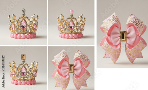 Baby Princess Crowns and Hair Bows Collection | Set of Pink and Gold Miniature Tiaras and Decorative Hair Accessories for Baby Fashion, Birthday Celebrations, and Girly Product Displays