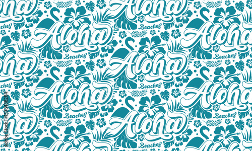 Aloha flowers Hawaiian tropical seamless pattern. Endless abstract background with Aloha lettering and flowers. Vector illustration.