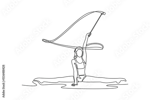 Single one line drawing beautiful and flexible graceful athlete rhythmic gymnastic artist dancing, doing stretch exercises. Beauty, art, sport. Continuous line draw design graphic vector illustration