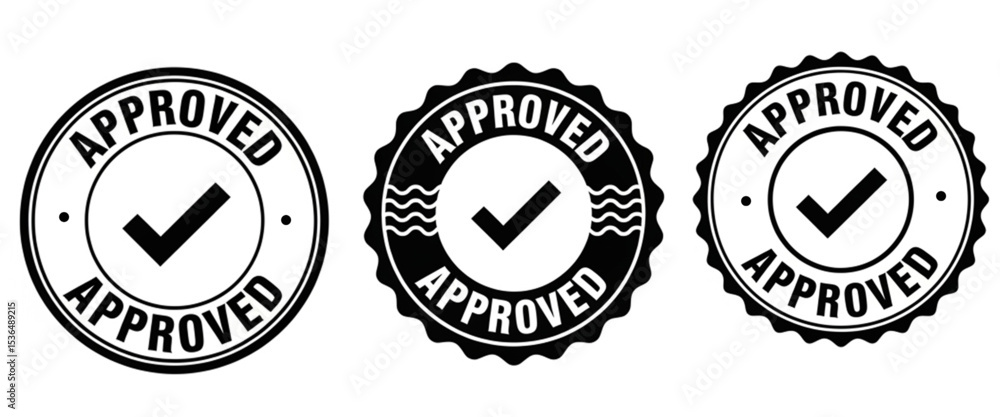 Obraz premium Approved Stamp Vector Icons Set | Black and White Check Mark Badges for Product Validation, Quality Assurance and Compliance