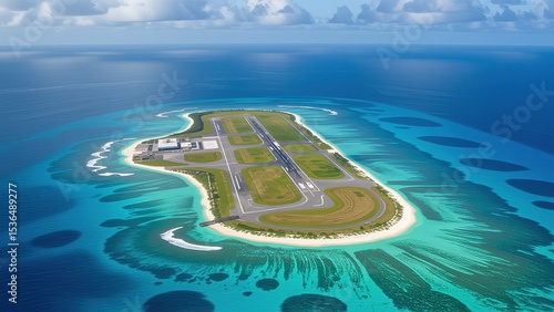 Aerial View of a Tropical Island with Runway and Clear Waters