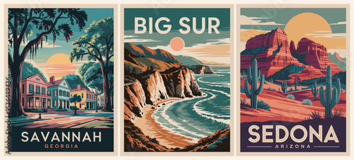 Set of USA travel destination posters in retro style. Big Sur, Sedona =, Savannah vintage vector art illustrations