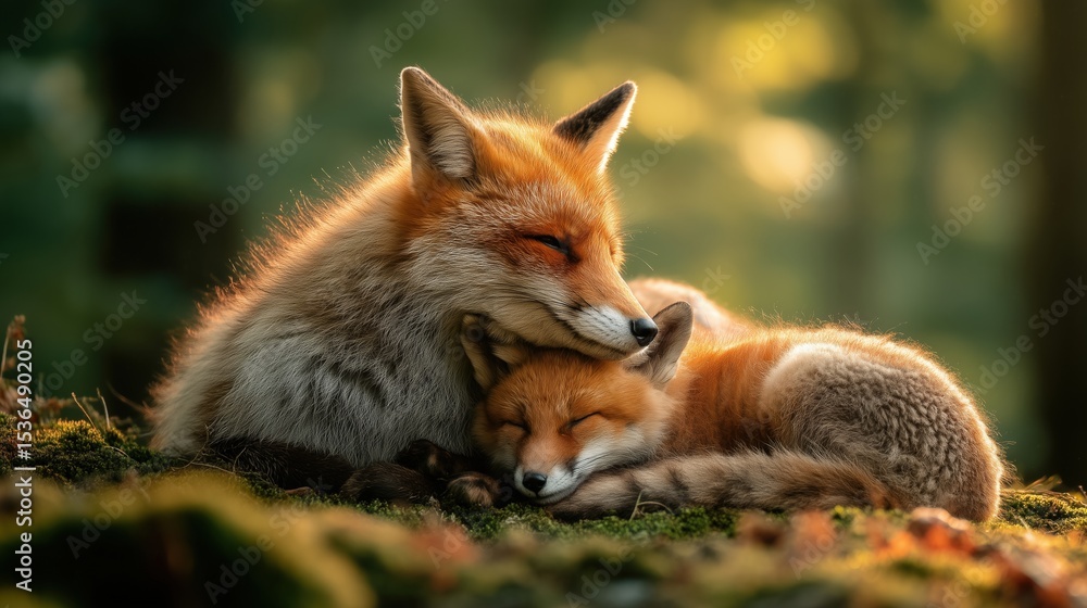 Fototapeta premium Red fox mother cuddling her baby fox kit in green forest