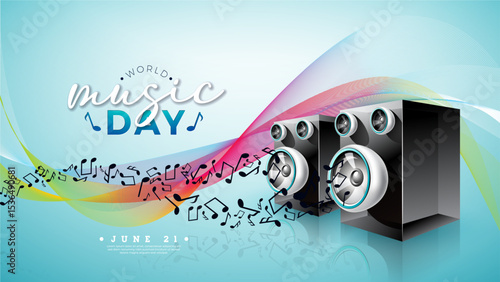 World Music Day Banner Illustration with Loudspeaker, Musical Notes and Typography Letter on Blue Background. Vector International June 21 Festival Design Template for Post Card, Greeting Card