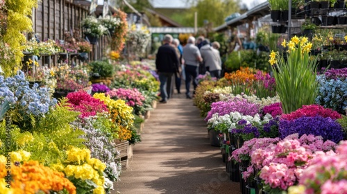Busy garden center or farmerâ€™s market on Spring Bank Holiday, colorful flowers, local produce, people browsing with smiles, lively spring atmosphere