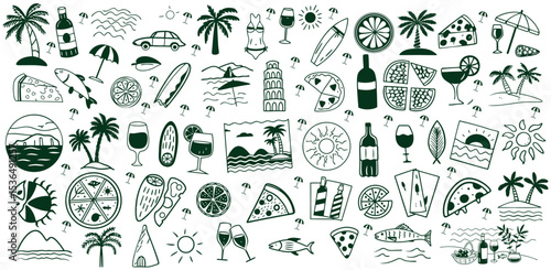 Black and white vector icon set of summer vacation elements. Includes sun, beach umbrella, palm tree, suitcase, flip flops, sunglasses, ice cream, camera, surfboard, cocktail silhouette icons PNG