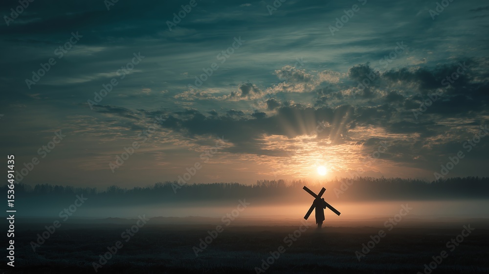 Fototapeta premium Mystical sunrise illuminates serene landscape with silhouette of Jesus holding cross, symbolizing hope and renewal
