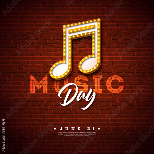 World Music Day Banner Illustration with Light Bulb Signboard Musical Notes and Typography Letter on Vintage Brick Wall Background. Vector International June 21 Festival Design Template for Post Card