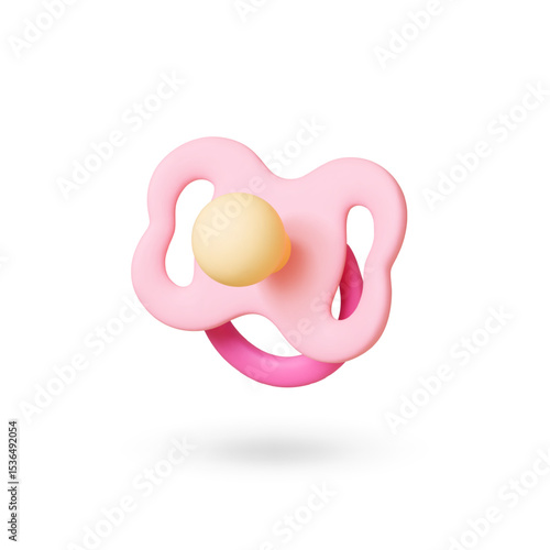 Baby pacifier 3d icon. Isolated realistic pink silicone nipple with plastic details for girl. Newborn accessory, toddler soother for calm, vector element