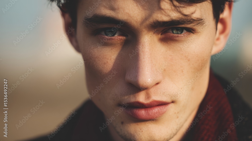 Obraz premium Caucasian man with high cheekbones, soft makeup, outdoor natural light