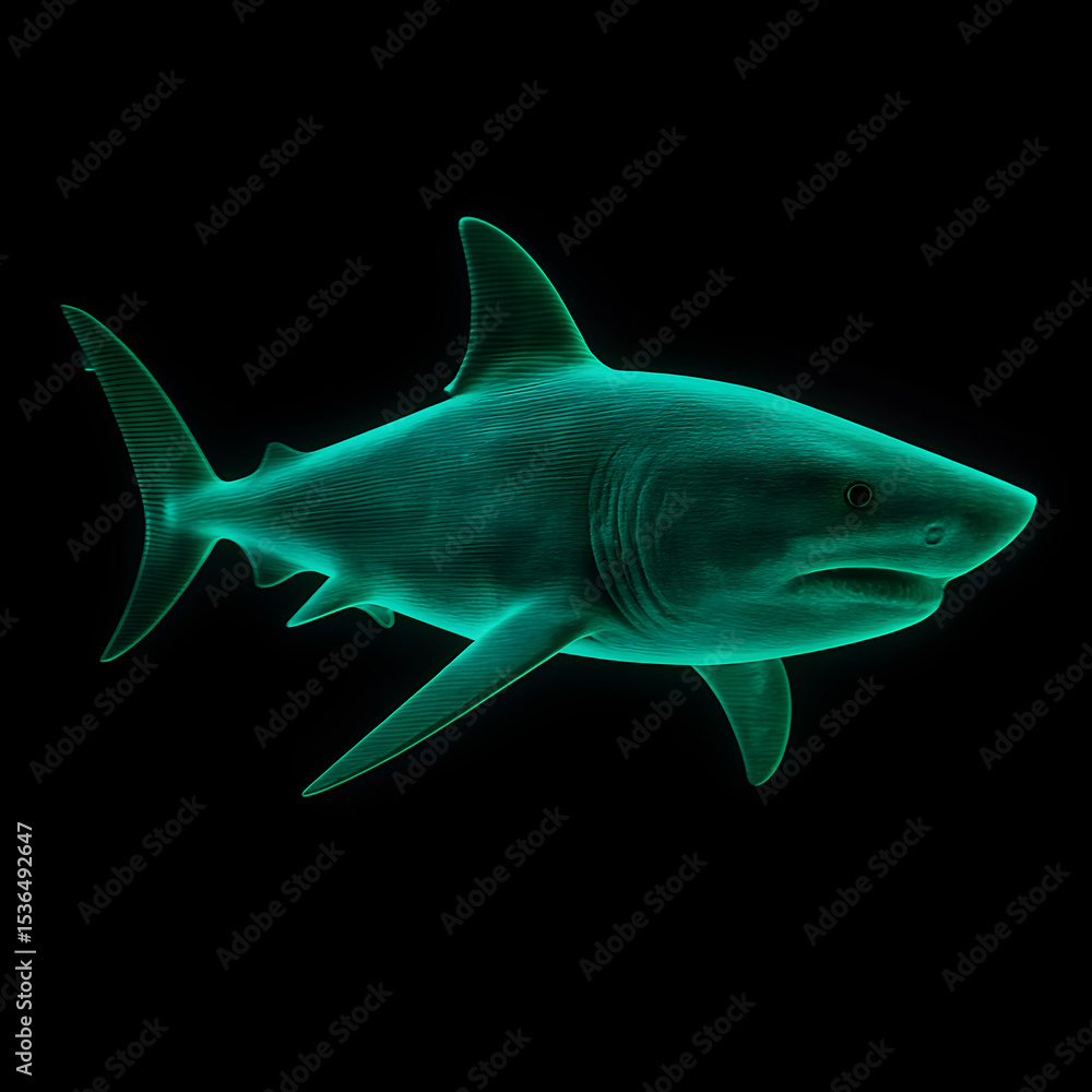 Fototapeta premium A futuristic holographic shark in a vibrant green glow, rendered with a wireframe effect against a dark background.
