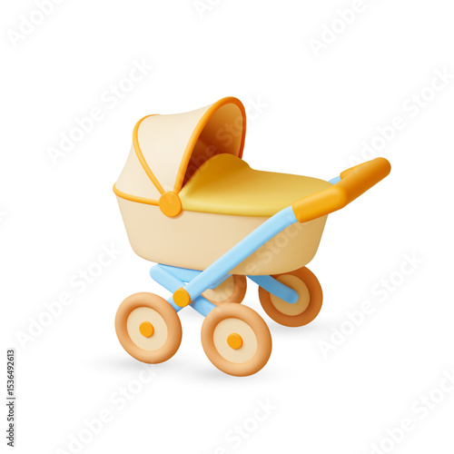 Stroller 3d icon. Isolated newborn carriage realistic element. Childhood accessory, baby transportation item. Plastic style rendering design, vector object