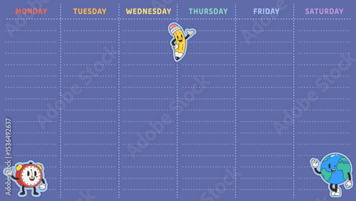 Timetable design. From monday to saturday columns to fill, schedule, notes. Cute groovy stickers planet globe, alarm clock and funny pencil, vector template