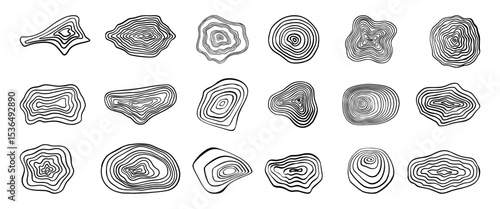Topographic lines set. Abstract organic shapes, geometric stripes. Wooden textures, map design elements. Contour shape neoteric vector set