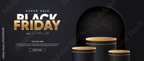 Realistic 3D cylindrical podium with background for Black Friday sale. Minimal scene for Black Friday product showcase and promotional showcase. Vector room platforms.