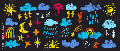 Crayon drawing weather elements. Pencil or chalk painting forecast elements. Clouds, rainbow, raindrops and snowflakes, sun, neoteric vector set