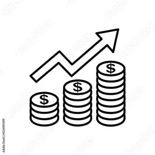 Dollar coins growing  and upward arrow icon bar graph line art vector illustration.