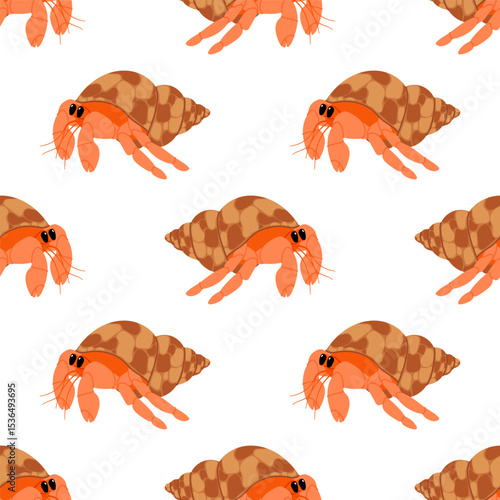 Seamless pattern with crawfish in seashell on white background. For sea or oceanic themes, packaging and textile designs.