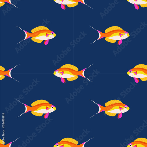 Seamless pattern with coloured fish on blue background. For ocean-themed textiles, wallpapers and packaging, postcards or covers.