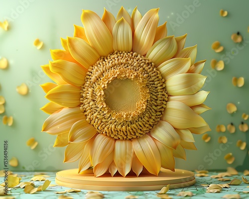 Large Yellow Sunflower on Pale Green Background with Petals blossom bloom