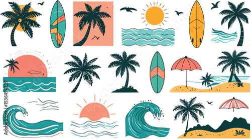 Tropical beach elements with sun palms and surfboards summer vacation vibes on transparent background