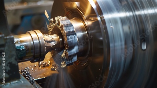 Close-up of workpiece turning operation on a lathe, showcasing a metal workpiece being precision-cut by a carbide tool with chips flying and coolant spraying. The spindle rotates steadily as the toolh