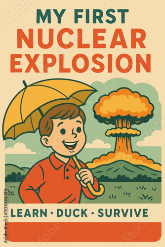 Child holding umbrella in front of nuclear explosion illustration - Concept of International Day for the Abolition of Nuclear Weapons  