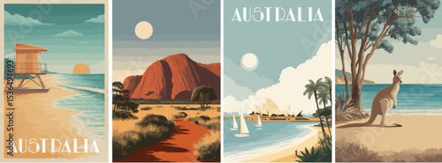 Australia vintage style travel poster set. Collection of scenic art deco retro tourism illustrations