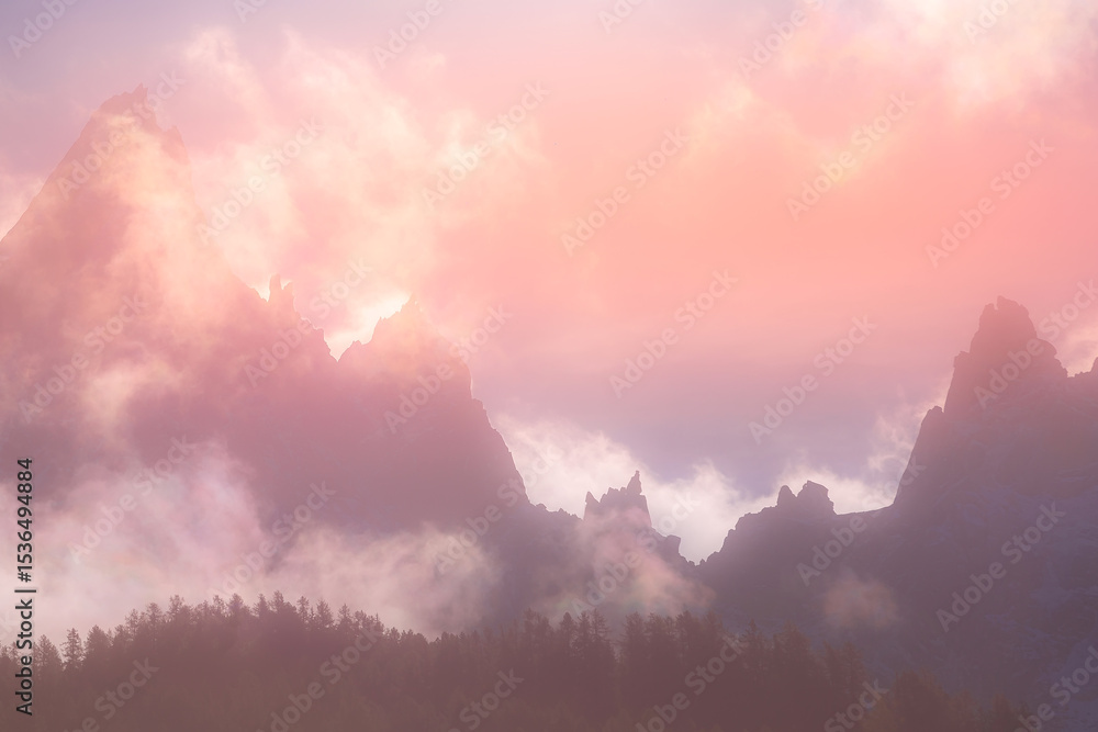 Naklejka premium Colorful evening mountains landscape with clouds