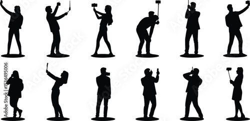 Silhouettes of people taking selfies, using smartphones, vlogging with selfie sticks, capturing moments, modern lifestyle, social media, vector illustration, black figures