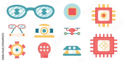 Technology Innovation Smart glasses AR visor drone processor microchip vector icons for tech industry gadget