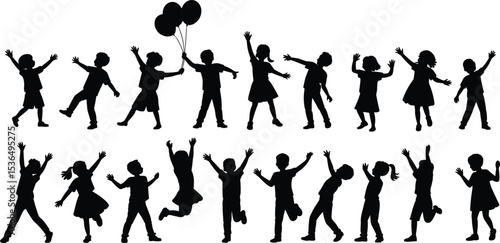 Silhouettes of children jumping, dancing, holding balloons, playing together, happy childhood moments, fun poses, active kids, vector illustration, black figures