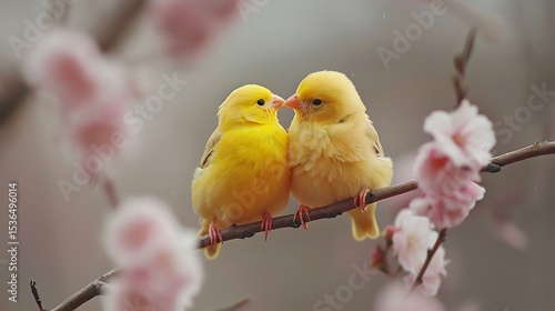 Two yellow canaries perched on a branch amidst pink blossoms canary yellow bird