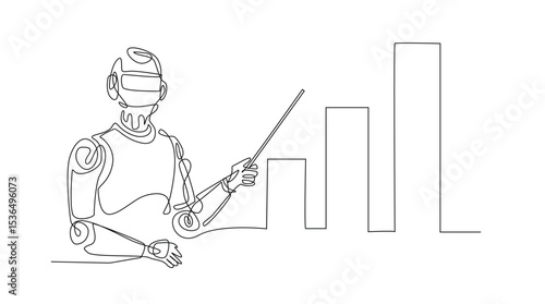 Robot Presenting Bar Graph, One Line Art Vector Illustration.