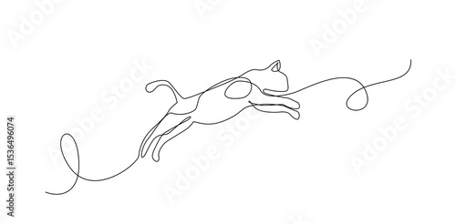 Cat Leaping One Line Drawing, Isolated on White Background, Vector Illustration.