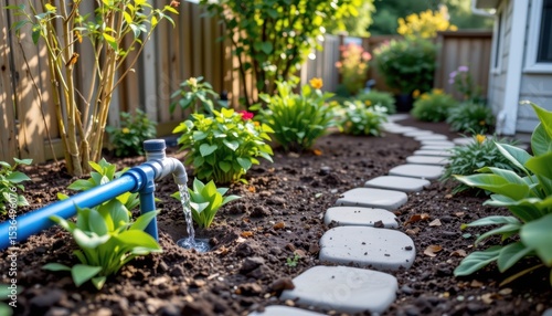 a backyard featuring a greywater recycling system supplying water to drip irrigation lines for eco friendly watering.