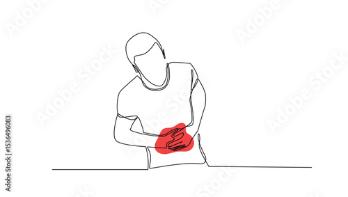 Abdominal Pain One Line Art, Isolated Vector Illustration.
