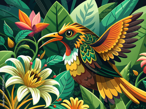 vector of Close-up of a bird pollinating a flower, Indonesia...