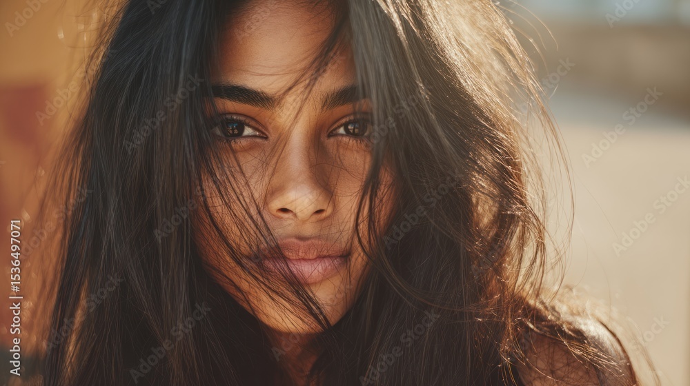 Fototapeta premium Close-up of Latina woman with long dark hair, warm tone, soft background, casual look